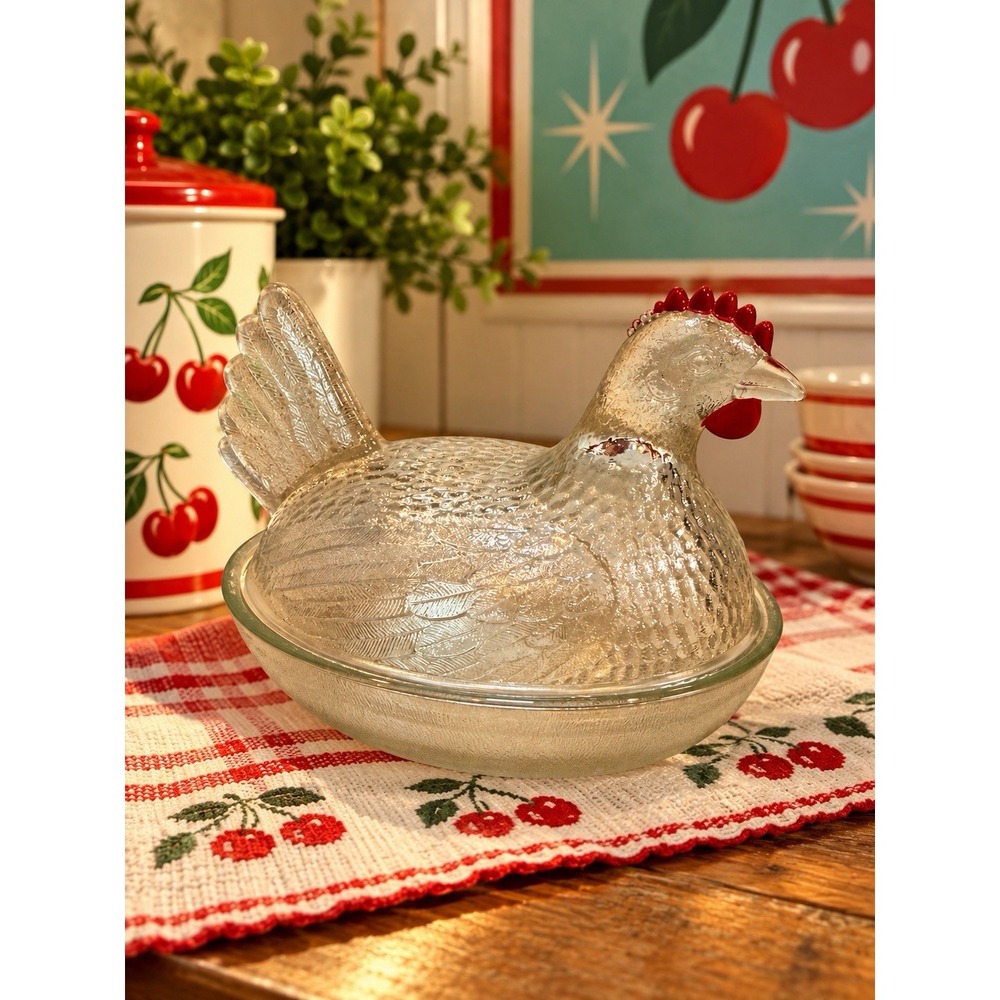 Vintage Indiana Glass Clear Hen on Nest 7" Stippled Base Red Comb Mid Century